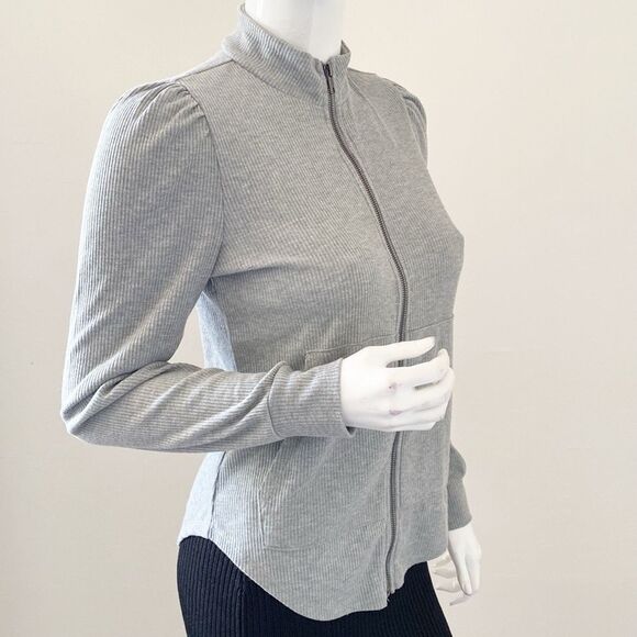 Chaser Brand Gray Thermal Waffle Knit Zip-up Puff Sleeve Sweatshirt Revolve - Picture 4 of 7